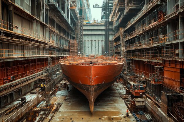 Navio cargueiro sendo carregado com minério de ferro em um movimentado porto na China.