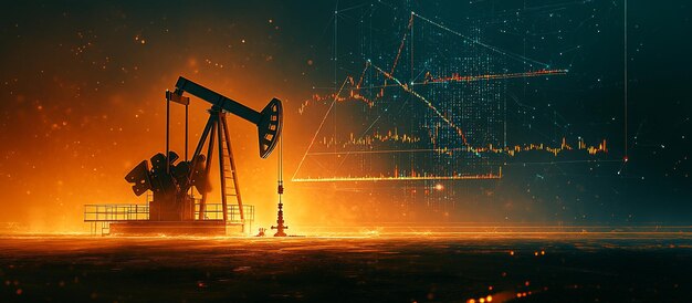 Bomba de petróleo em silhueta contra o nascer do sol com gráficos do mercado de ações ao fundo.